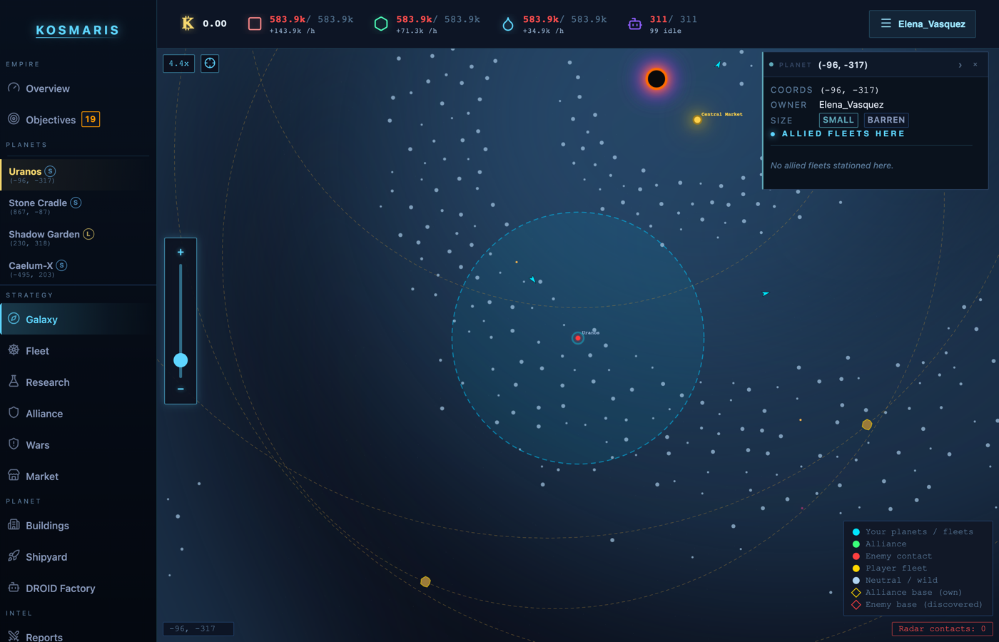 The Kosmaris in-game galaxy map — 2D logarithmic-spiral galaxy with glowing core, colonised planets scattered across contested space, and radar-range overlay