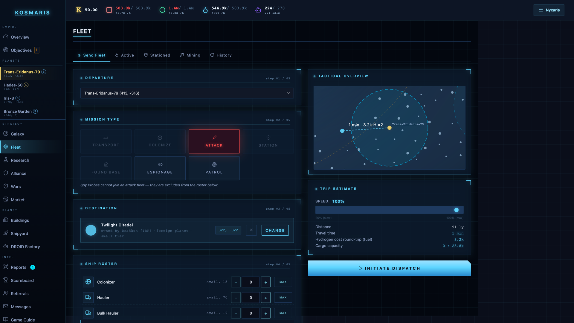 Kosmaris fleet command screen — composing an attack fleet against a rival commander's planet, with a tactical map plotting the flight path and a live trip estimate