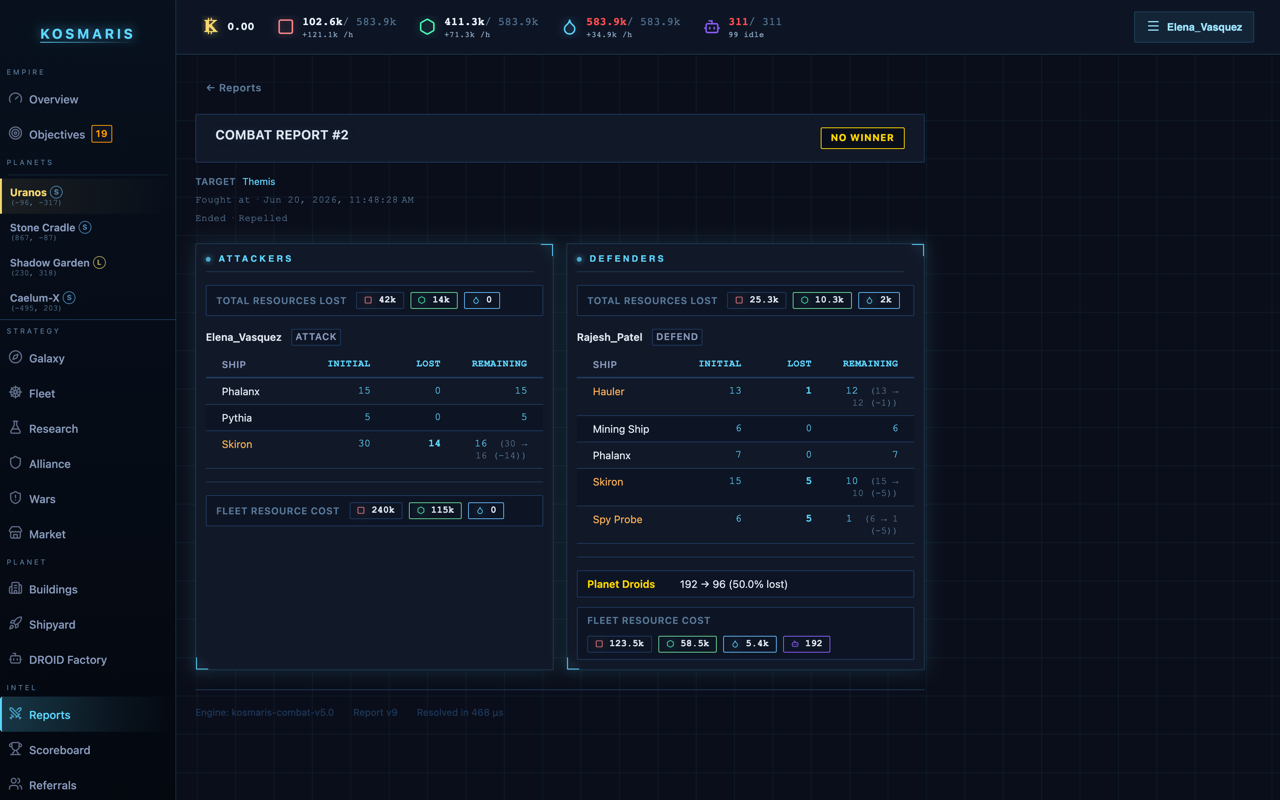 Kosmaris combat report — Attackers vs Defenders with ship-by-ship Initial/Lost/Remaining counts, resource losses and loot breakdown