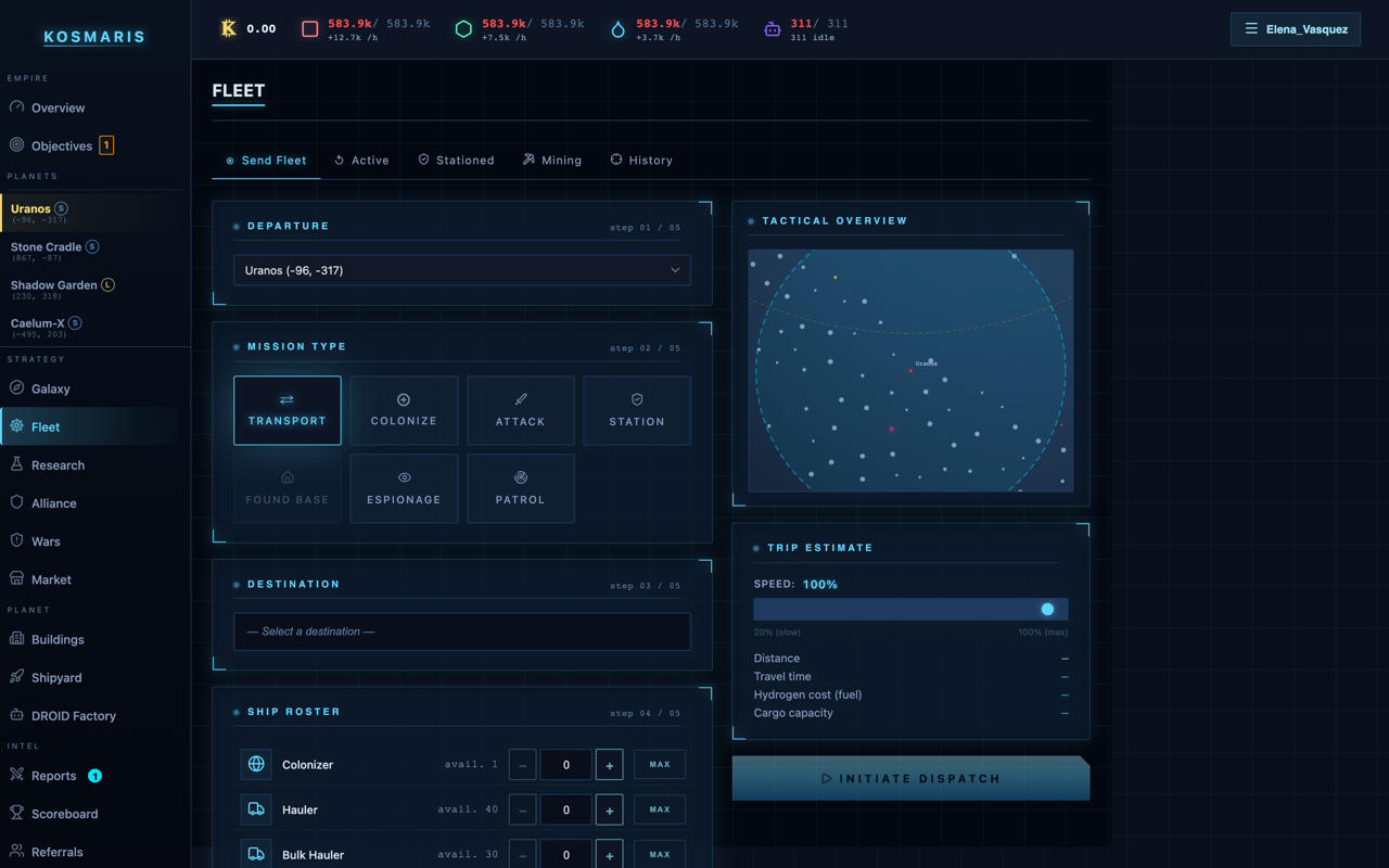 Kosmaris fleet command — mission-type grid showing Transport, Colonize, Attack, Station, Espionage, and Patrol options alongside ship roster and tactical minimap