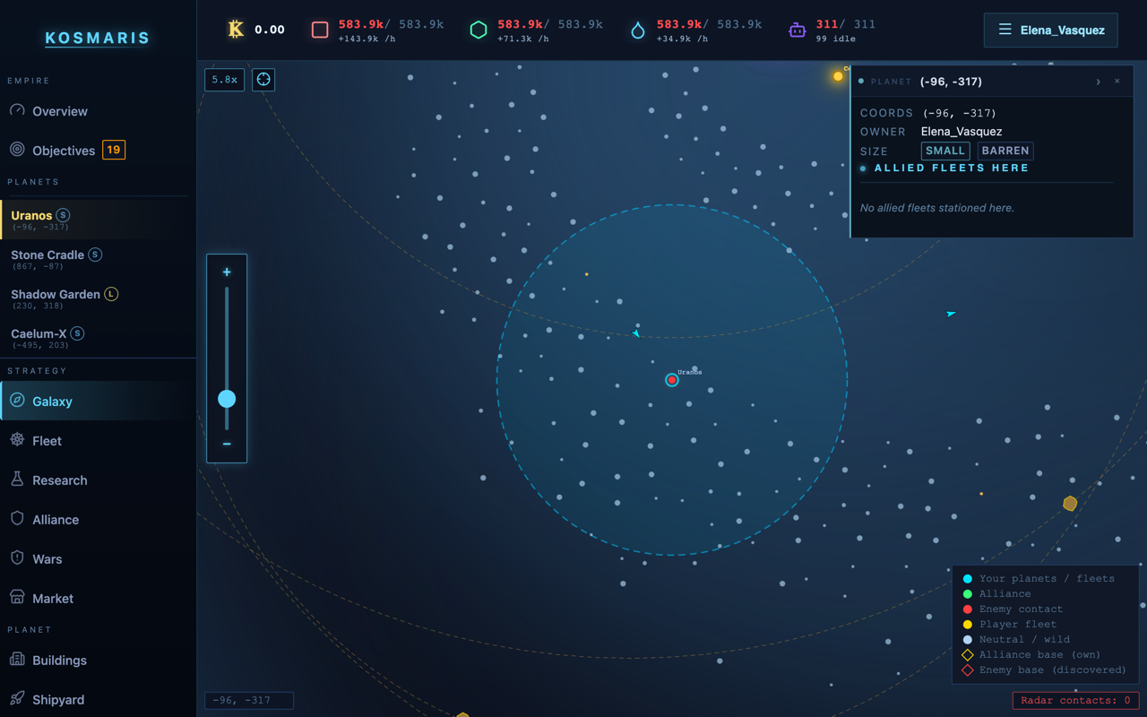 Kosmaris galaxy map — logarithmic-spiral galaxy showing colonised planets across contested space with radar range overlay